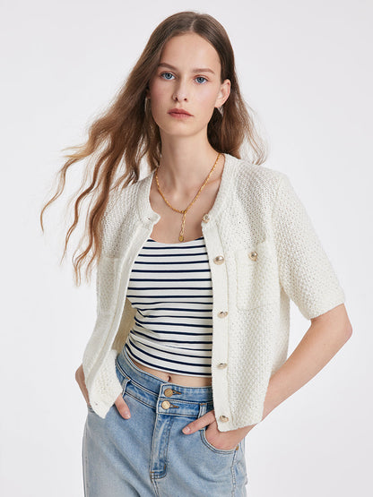 Chique Korte Mouw Beige Cardigan Met Knopen voor Dames | Ideaal voor informele dagen