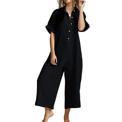 Getextureerde Korte Mouw Jumpsuit Met Knoopsluiting Voor Dames | Perfect voor casual dagen