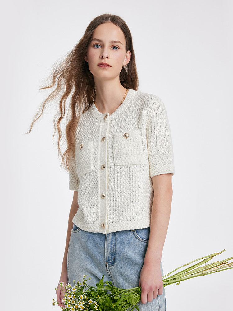 Chique Korte Mouw Beige Cardigan Met Knopen voor Dames | Ideaal voor informele dagen