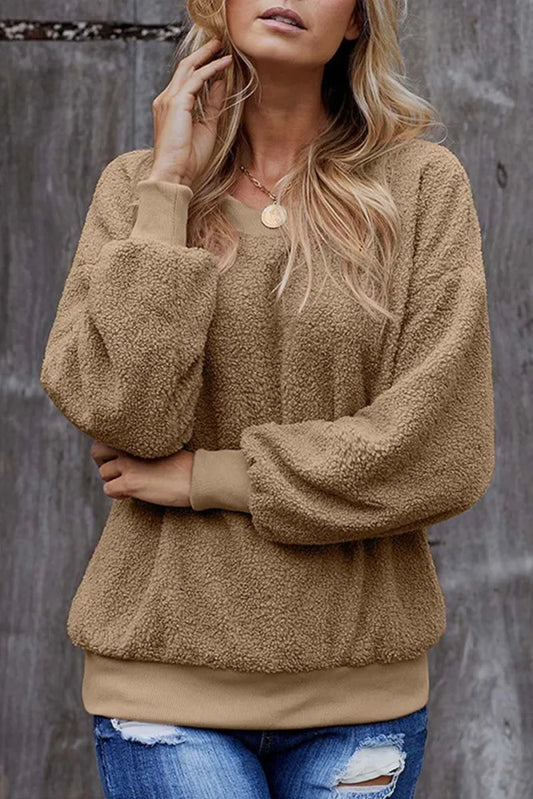 Gezellige Fleece Trui Met Ballonmouwen In Beige voor Dames | Perfect voor alle seizoenen