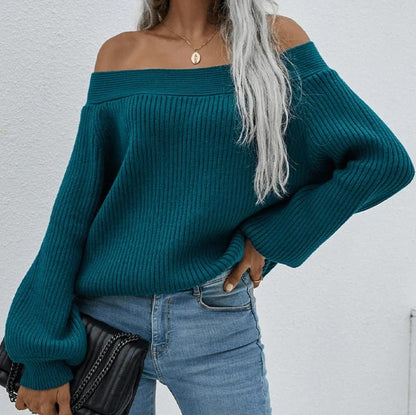 Elegante Blauwe Off Shoulder Gebreide Trui Voor Dames | Perfect voor alle seizoenen