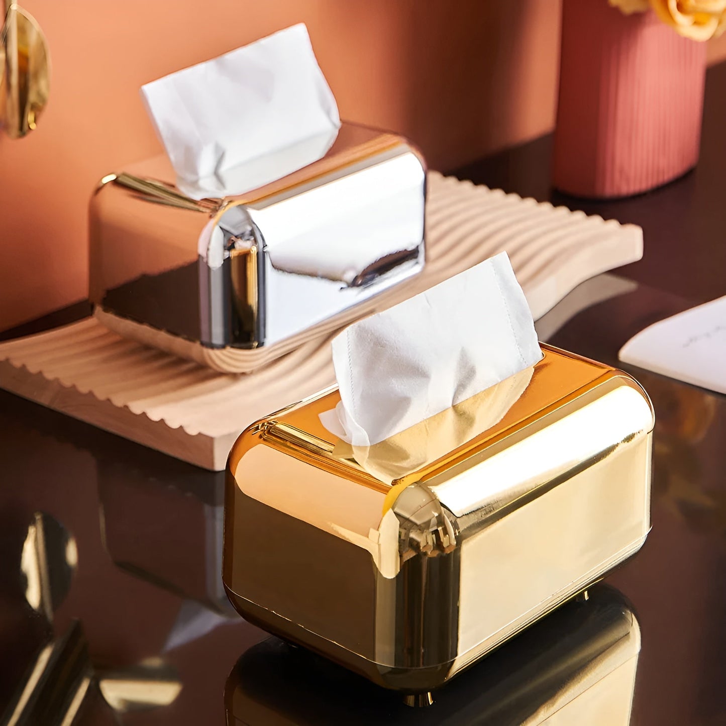 LustroCase | Elegante Tissue Box, Spiegelafwerking Gouden Opbergorganizer, Ideaal voor Huis- & Kantoordecoratie