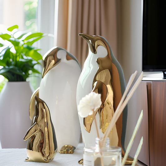 RegalFeathers | Gouden Keramische Pinguïn Sculptuur, Speels Accent voor Interieurs, Ideaal voor Elegante Woonstyling