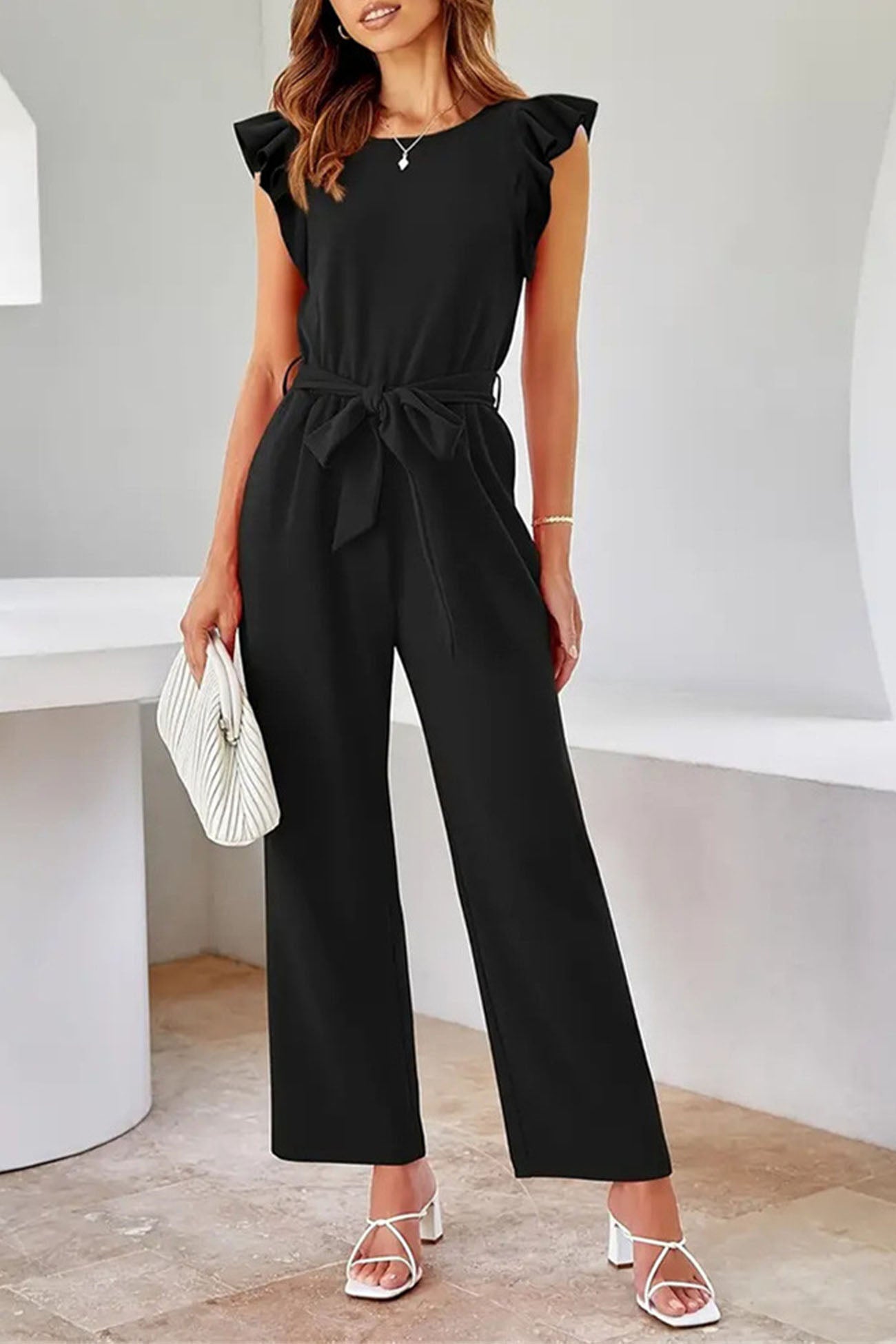 Elegante Feestelijke Zwarte Jumpsuit Met Riem En Ruffles Voor Dames | Perfect voor casual dagen