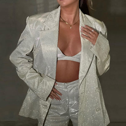 Elegante Witte Glitter Blazer Met Knoopsluiting En Revers Voor Dames | Perfect voor alle seizoenen