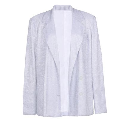 Elegante Witte Glitter Blazer Met Knoopsluiting En Revers Voor Dames | Perfect voor alle seizoenen