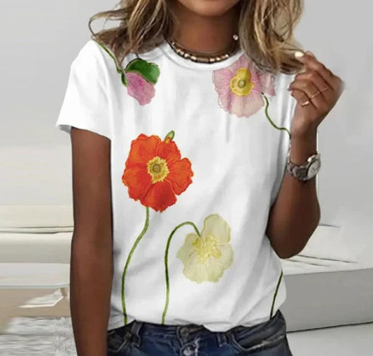 Trendy Ronde Hals T-Shirt Met Bloemenprint Voor Dames | Ideaal voor dagelijks gebruik