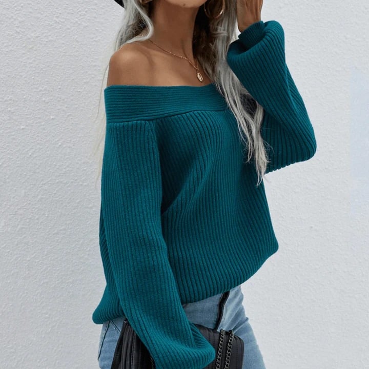 Elegante Blauwe Off Shoulder Gebreide Trui Voor Dames | Perfect voor alle seizoenen