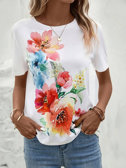 Ongedwongen Overmaats Wit T-Shirt Met Ronde Hals En Bloemenprint Voor Dames | Ideaal voor dagelijks gebruik