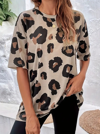 Klassiek Oversized T-Shirt Met Luipaardprint En Ronde Hals Voor Dames | Ideaal voor dagelijks gebruik