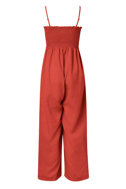 Ongedwongen Zomerse Mouwloze Jumpsuit Met Gerookte Bovenkant En Zakken Voor Dames | Idealisk för sommar