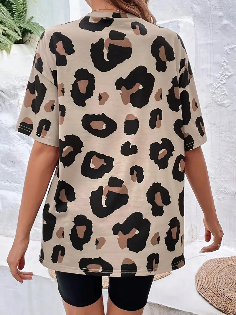 Klassiek Oversized T-Shirt Met Luipaardprint En Ronde Hals Voor Dames | Ideaal voor dagelijks gebruik