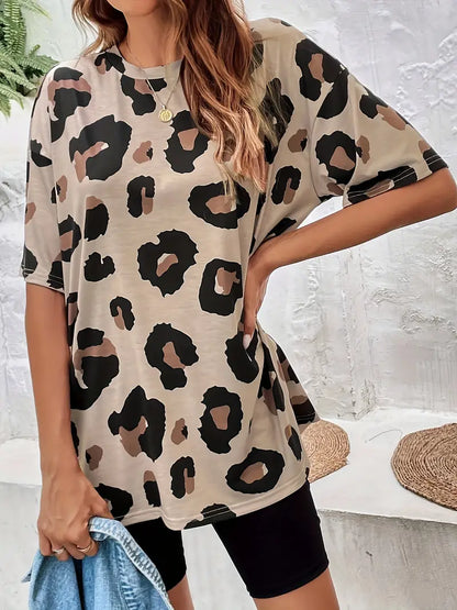 Klassiek Oversized T-Shirt Met Luipaardprint En Ronde Hals Voor Dames | Ideaal voor dagelijks gebruik