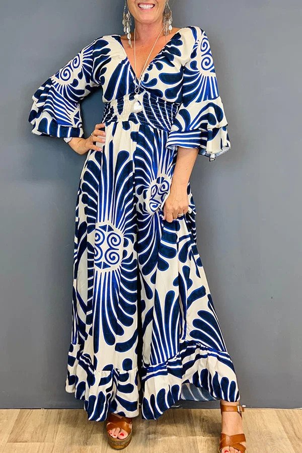 Oud Bloemenprint Jumpsuit Met V-hals En Gesmokte Taille voor Dames | Ideaal voor informele dagen