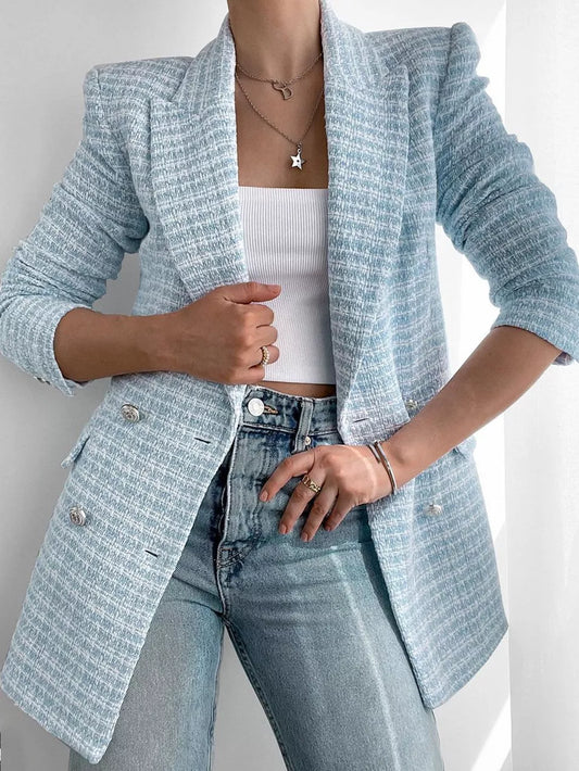 Elegante Halflange Blauw Tweed Blazer Met Knopen voor Dames | Perfect voor alle seizoenen