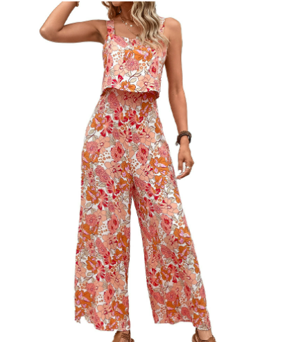 Twee-Delige Set Met Korte Top En Hoge Taille Broek Met Bloemenprint Voor Dames | Perfect voor casual dagen