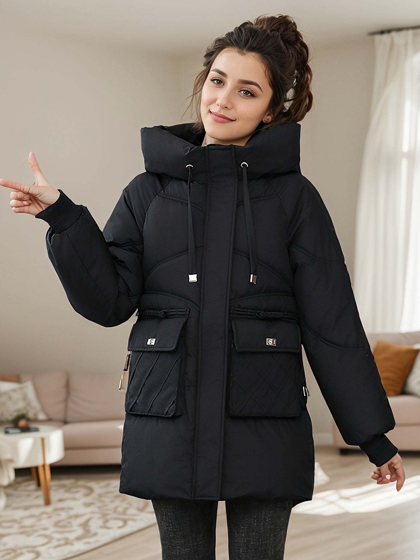 Elastische Taille Zwarte Winterjas Met Capuchon Voor Dames | Ideaal voor de winter