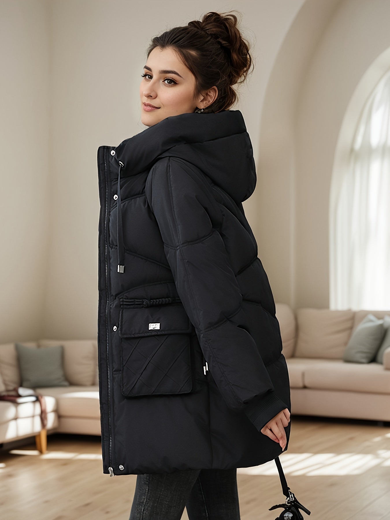 Elastische Taille Zwarte Winterjas Met Capuchon Voor Dames | Ideaal voor de winter