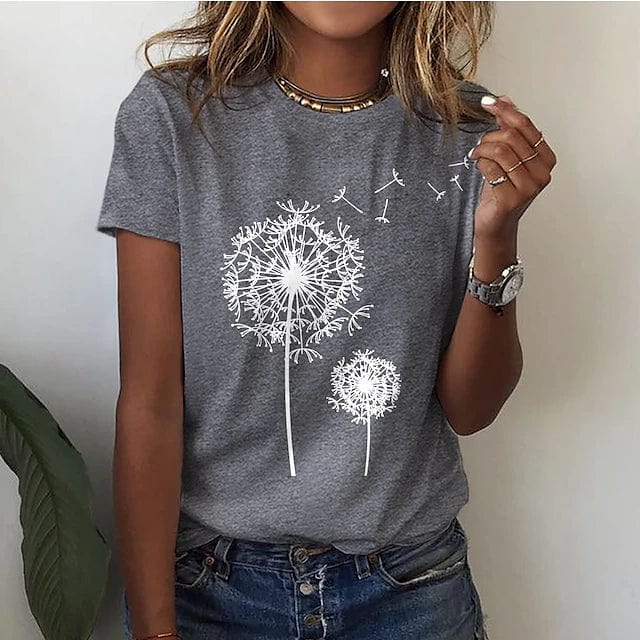 Comfortabel T-Shirt Met Paardenbloemprint En Ronde Hals voor Dames | Ideaal voor de zomer