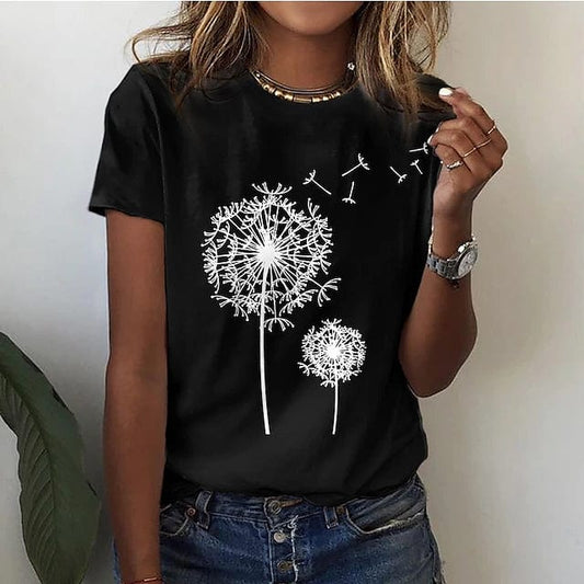 Comfortabel T-Shirt Met Paardenbloemprint En Ronde Hals voor Dames | Ideaal voor de zomer