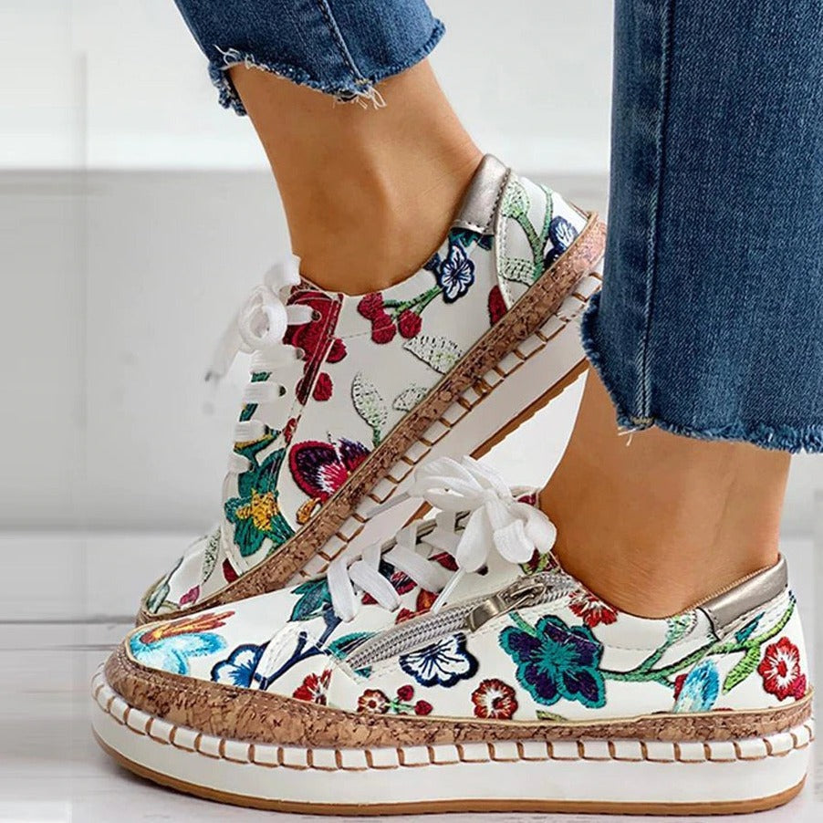 Gestikte Suède Nette Sneakers Met Bloemenprint En Veters Voor Dames | Ideaal voor dagelijks gebruik